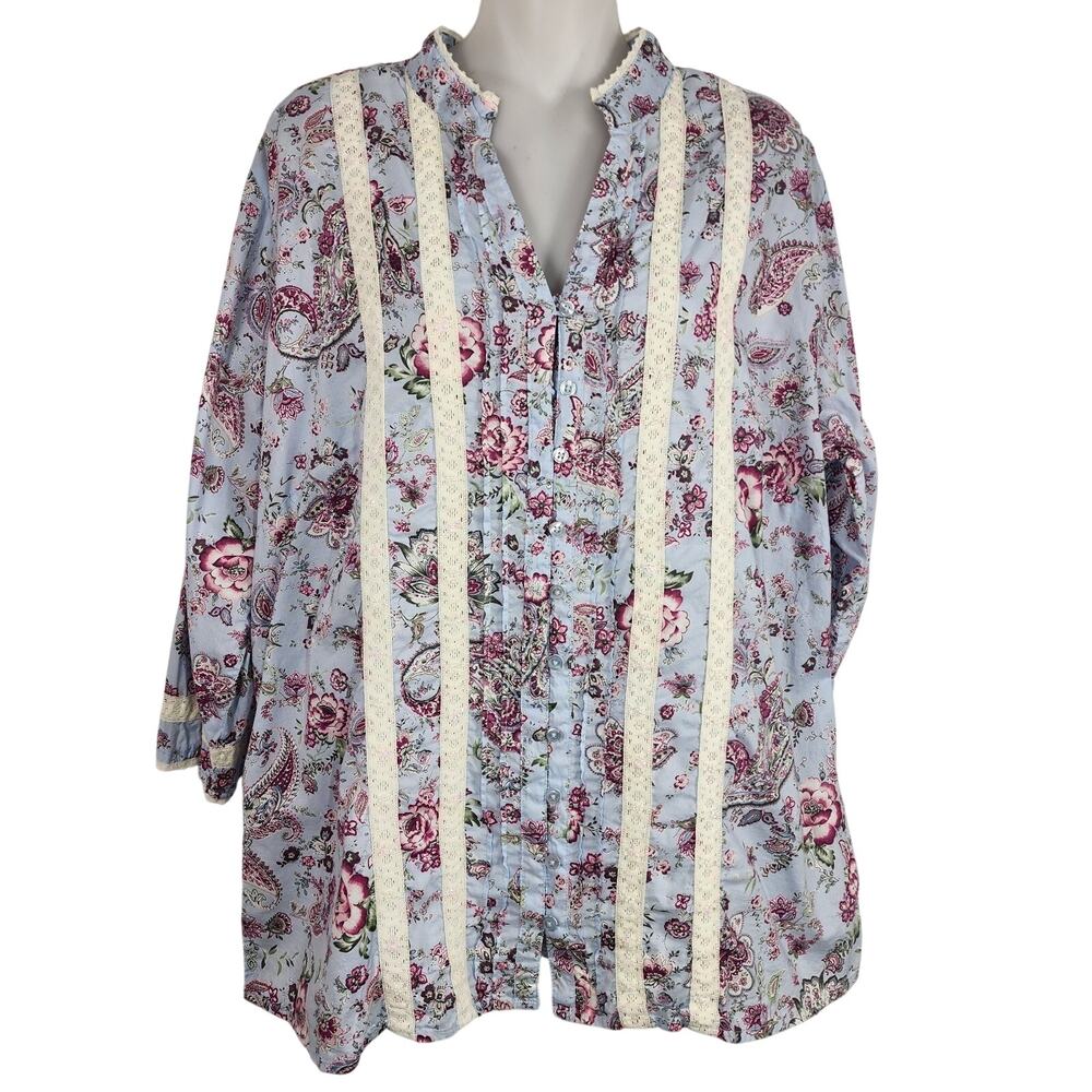 Dressbarn Womens Top Floral Multicolor Lace Trim Sequins Pearls Button Pleats 14